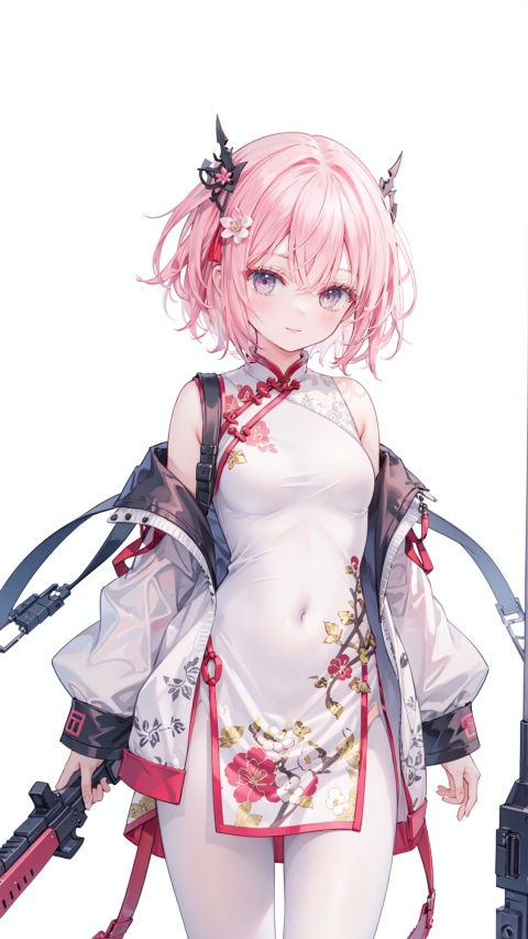  masterpiece, best quality,top quality,(white background:1.5),1girl,solo,pink hair,smile,(china_dress),( cheongsam:1.1),hair ornament,looking at viewer,standing,outdoors,star_in_eye,cyberpunk weapon,,upper_body,bust, white pantyhose