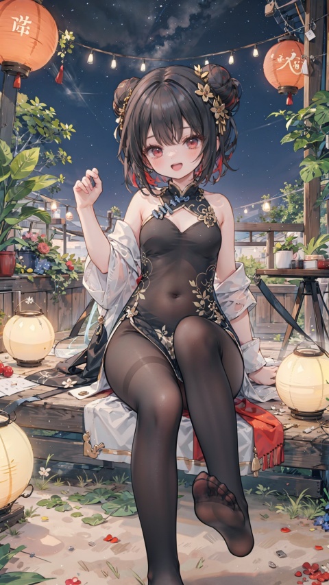  1girl,feet,no shoes,china dress,chinese clothes,dress,multicolored hair,toes,black hair,hair bun,long hair,pig,red eyes,covered navel,looking at viewer,double bun,pantyhose,breasts,soles,open mouth,sitting,red hair,blush,black dress,hair ornament,pelvic curtain,solo,smile,foot focus,lantern,legs,paper lantern, black pantyhose
