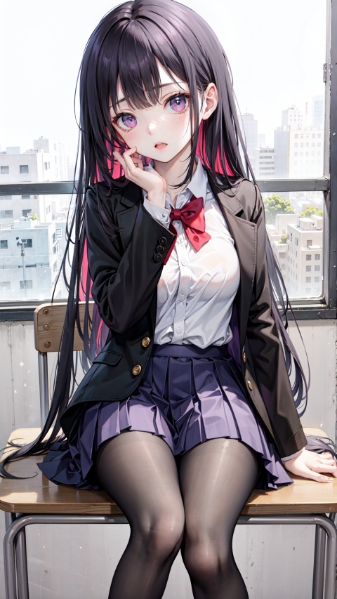  1girl, pantyhose, solo, long hair, black hair, school uniform, purple eyes, indoors, sitting, desk, skirt, feet, classroom, no shoes, looking at viewer, bow, hand on own face, hand on own cheek, red bow, school desk, jacket, black pantyhose, bowtie, shirt, red bowtie, blazer, blush, open mouth, chair, bangs, pleated skirt, white shirt, breasts, toes, black jacket, on desk, long sleeves, school chair, collared shirt, :o, very long hair, foot focus, sweet girl portrait, tiandunv, purpleheart, maomi