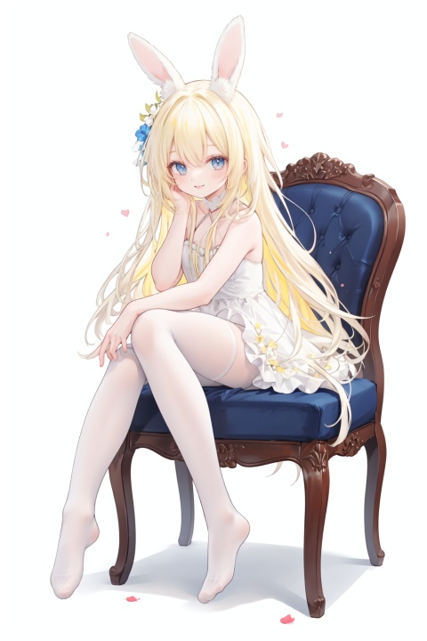  white background,
yellow hair,blue eyes,long hair,white rabbit ears,
full body,
blush,open mouth,smile,
white dress,
thighhighs,bare arms,
sitting,chair, white pantyhose