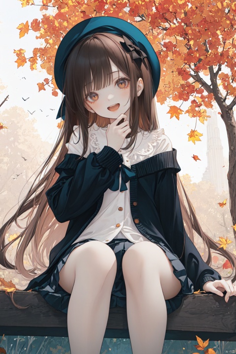 1girl, smile, pleated skirt,solo, long hair, off shoulder, brown eyes, autumn leaves,open mouth, (puffy long sleeves), beret, brown hair, puffy sleeves, open cardigan, autumn, hair ribbon, maple leaves, outdoors,falling leaves,(from below,wide shot,panorama,depth of field,full body,mid shot,English text),(hand on chests),sitting,tilt, backlight, 