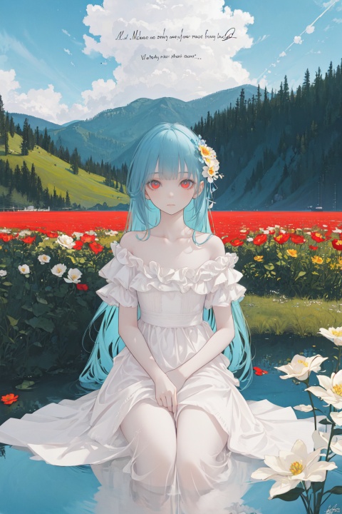  best quality, masterpiece, illustration, (reflection light), incredibly absurdres, (Movie Poster), (signature:1.3), (English text:1.3), 1girl, girl middle of flower, pure skyblue hair, red eyes, clear sky, outside, collarbone, loli, sitting, absurdly long hair, clear boundaries of the cloth, white dress, fantastic scenery, ground of flowers, thousand of flowers, colorful flowers, flowers around her, various flowers,