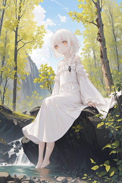  Bare shoulder, white hair, medium hair, golden eyes, white dress, white robe, closed mouth, one braid,closed mouth, raised head, standing, forests,leaves,outdoors,stream,sitting on rock,(petite,loli),(panorama,wide shot,full body,from below,dynamic angle),