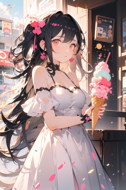 best quality,masterpiece,extremely detailed CG unity 8k wallpaper, official art,On a bustling city street, a young woman wearing a fashionable off-shoulder dress holds a beautifully decorated strawberry milkshake. She stands at an outdoor café, enjoying the summer breeze,(Colorful ice cream sculptures) adorn the surrounding buildings, creating a vibrant and sweet atmosphere,MG tian,nijistyle