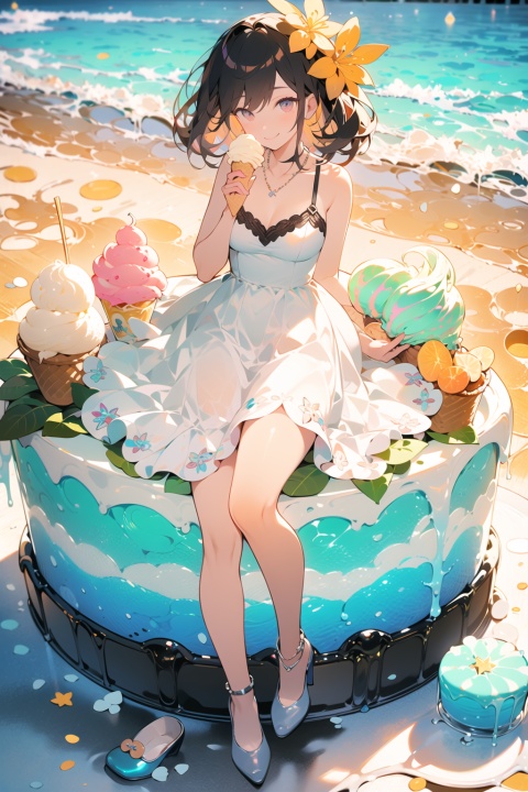 best quality,masterpiece,extremely detailed CG unity 8k wallpaper, official art,On a sunny beach, a young woman wears a cool sundress, with soft sand beneath her feet. She holds a chilled glass of lemonade, smiling as she stands in front of (a giant ice cream sculpture made of blooming flowers:1.1),(ice cream:flower:0.8), (girl enjoyment of summer, surrounded by nature and sweetness),MG tian,nijistyle