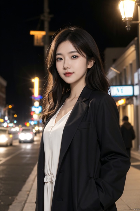  (masterpiece, ultra high res, best quality:1.1), 1woman, solo, lady, cowboy shot, (depth of field:1.2), (night), (long coat), downtown, (street light:1.1), (Fantastic lighting), looking at viewer, black hair, long hair, [smile], (Closed mouth), 
