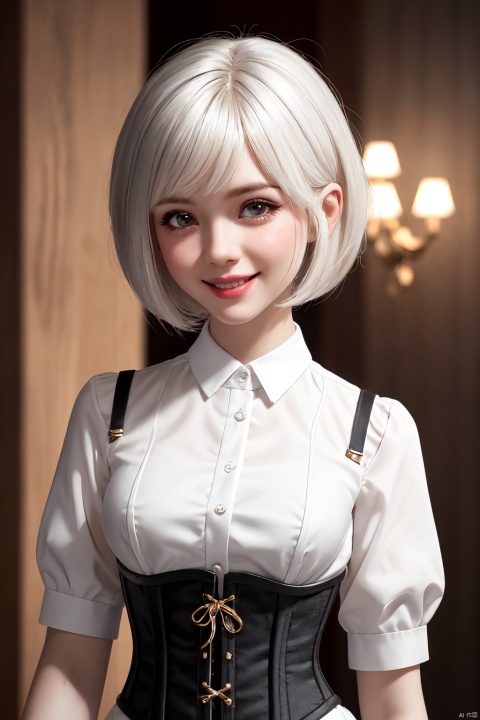  white hair, short hair, straight hair, bob cut, hair bow, light smile, 1 Girl, blouse, adapted_uniform, corset, microdress, Upper Body, photorealistic, ray tracing, sparkle, depth of field, cowboy shot, best quality, masterpiece, high details, highres, 1080P