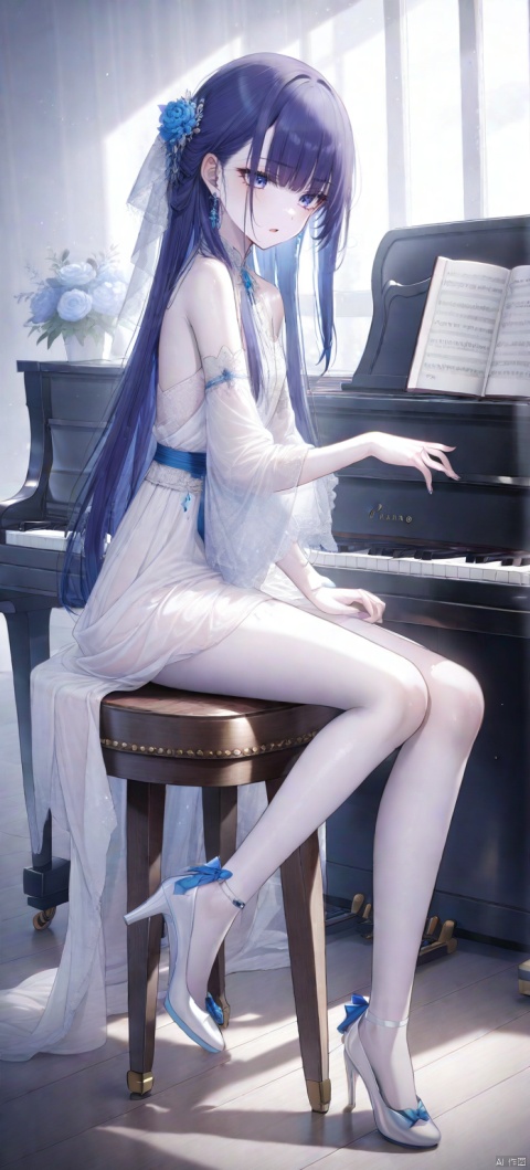  Illustration, High Quality, CG,masterpiece, best quality,1girl,(solo), looking at viewer, bangs, blue eyes, dress, bare shoulders, jewelry, hair, flower, earrings, detached sleeves, Naked lower body,(nsfw:1.4)high heels,White skin,Long legs,
(Sitting on a stool next to the piano:1.4)(long hair:1.2)(Artistic style, beautiful, dreamy atmosphere)(urinary incontinence)peeing,(play the piano:1.5)