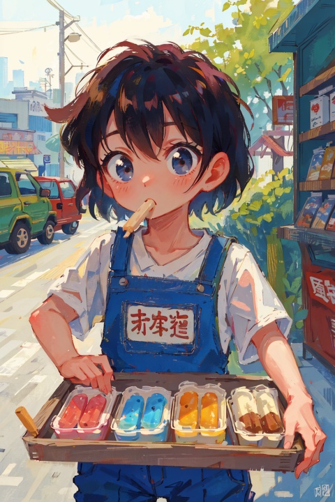 High detail, (masterpiece: 1.2), (top quality: 1.5), (best quality),1990s Chinese style newsstand，1990s Chinese little girl and little boy,Chinese Young pioneers buy vintage popsicles on the roadside. The sun shines brightly on the streets of China in the 1990s