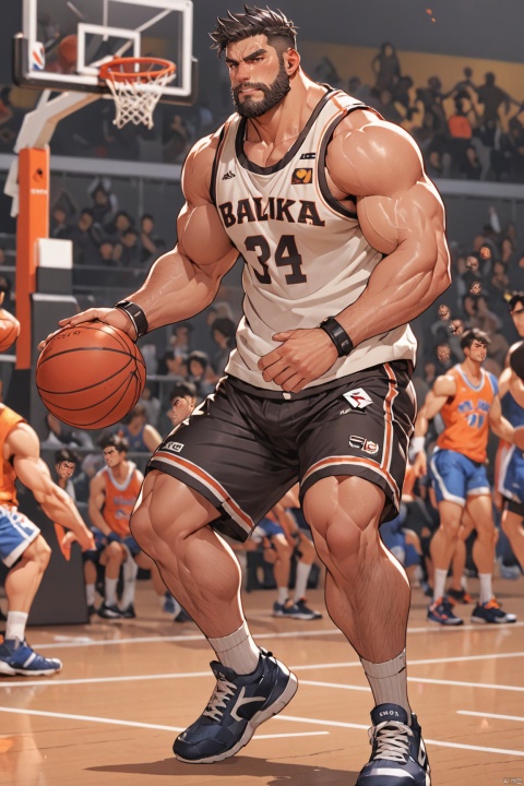 anime, facial_hair, Best quality, masterpiece, ultra high res, detailed background, game_cg, solo, mature male, muscular male, bara, thick thighs, thick arms, dynamic pose, black hair,  full body, full shot, playing basketball, huggymale