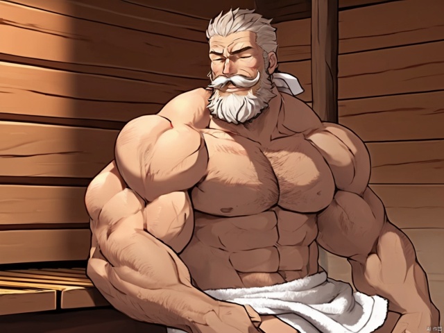 detailed background, muscular male,male focus,  bara,  facial_hair, soriz, huggymale,  sauna, naked_towel, completely_nude, full_body,closed_eyes, blush, sweat, 