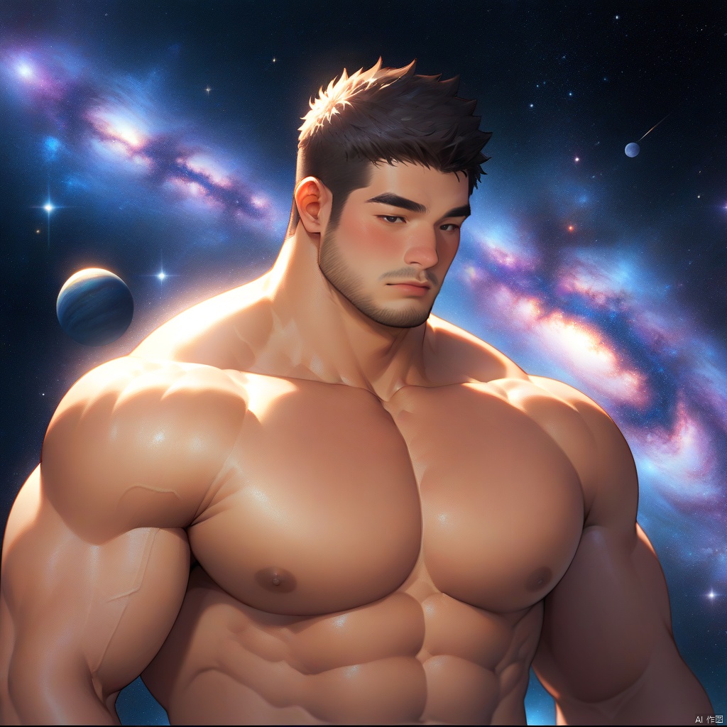 illustration,1guy,male focus,bara,solo,muscular,facial hair,galaxy space,best quality,4k,amazing quality, best aesthetic, absurdres,upper_body,topless,close_eyes