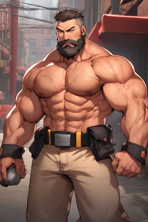 Collateral beard, mature man, serious expression, black tips, dim lighting, fine image quality, facial details,masterpiece, , Muscular Male, full_body, , sexytrainer, , SF6Ryu, stocky, firemenoutfit, Wriothesley,full body