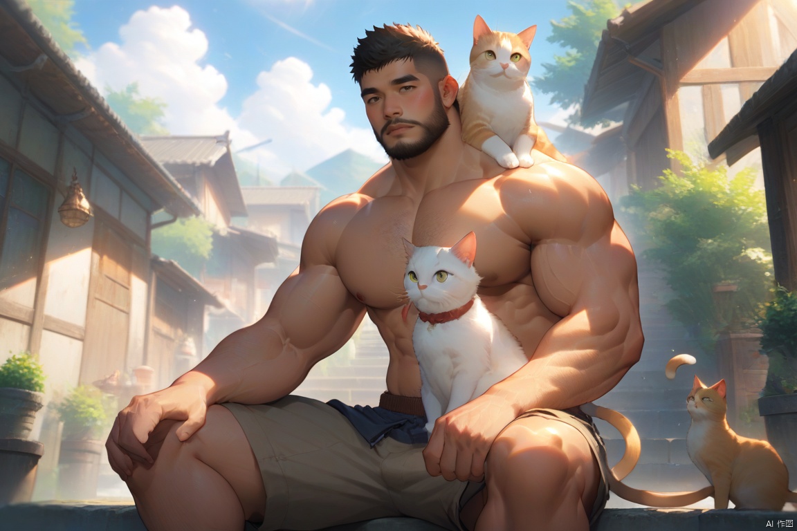 male focus, muscular male, beard, facial_hair,short_hairbara, topless, a cat sitting on shoulder, spred legs, shorts, white socks, best quality,4k,amazing quality, best aesthetic, absurdres,