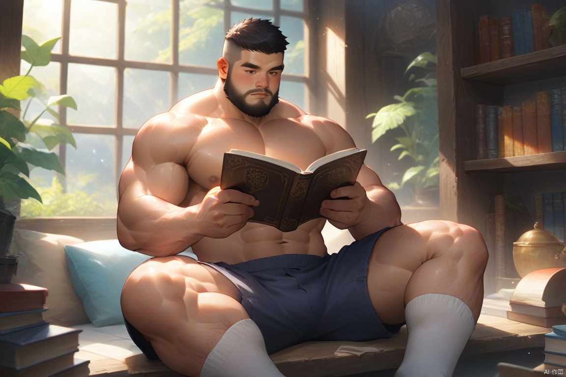 male focus, muscular male, beard, facial_hair,short_hairbara, topless, reading, spred legs, shorts, white socks, best quality,4k,amazing quality, best aesthetic, absurdres,