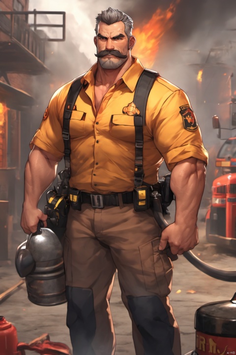 facial_hair, mature man, serious expression, black tips, dim lighting, fine image quality, masterpiece, , Muscular Male, full_body,stocky, firemenoutfit,full body,huggymale