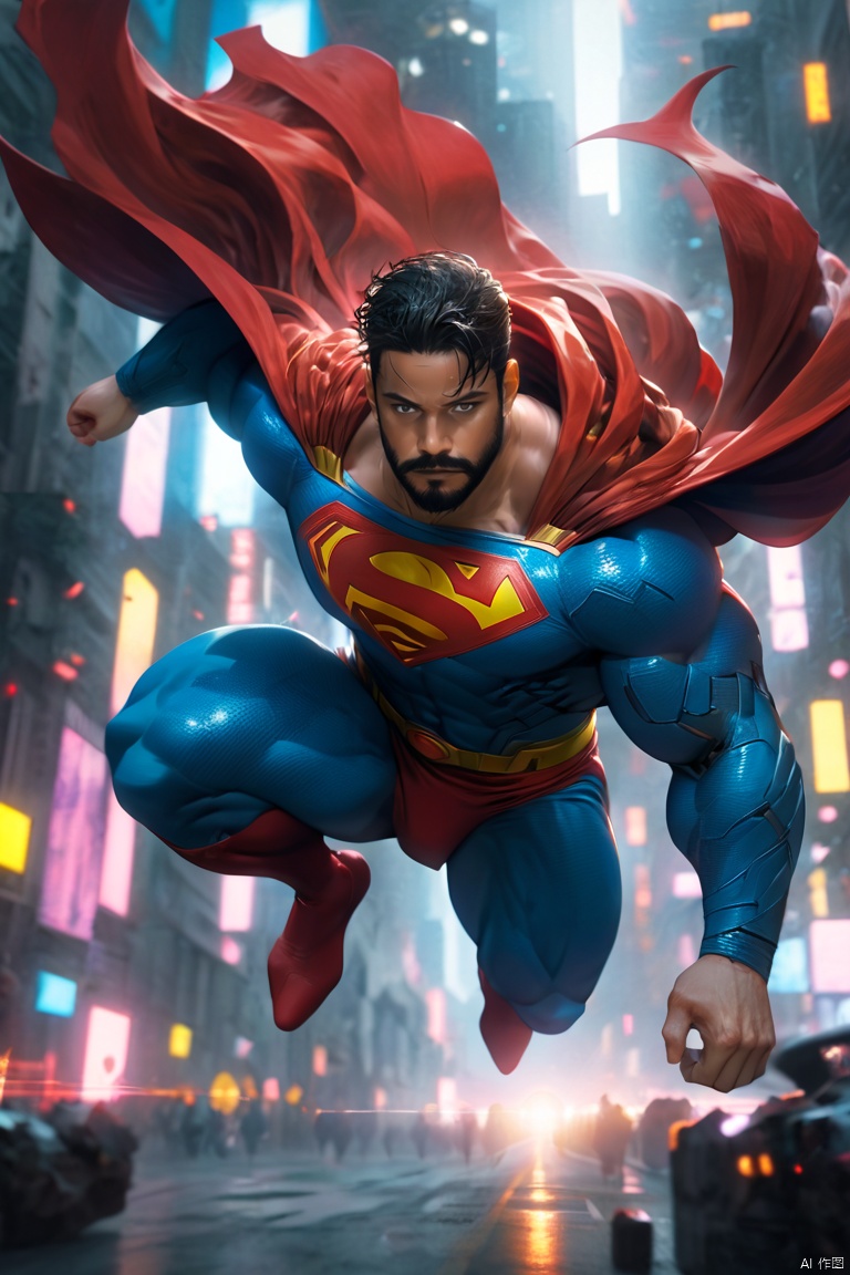 beard, 1man,superman, masterpiece, best quality, highly detailed, 8K Ultra HD,exquisitefacialfeatures,deepeyes,handsome,malefocus,muscular,cape,softlighting,blurry,outdoors,cyberpunk,Dynamicangle,1man,full_body, in the air,
