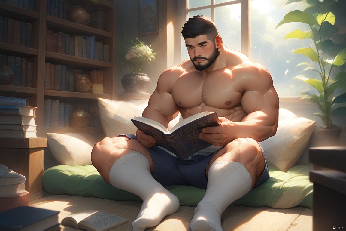 male focus, muscular male, beard, facial_hair,short_hairbara, topless, reading, spred legs, shorts, white socks, best quality,4k,amazing quality, best aesthetic, absurdres,