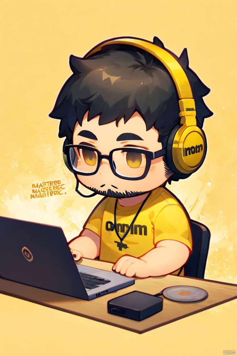 solo,1boy, male focus, solo, headphones, glasses, yellow background, black hair, facial hair, shirt, computer, sitting, english text, yellow shirt, laptop, short sleeves,masterpiece,best quality,very aesthetic,absurdres,chibi