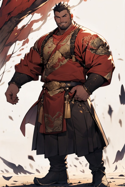 (Indifferent:1.2),(Smile:1.2),(floating clothes:1.0),(yuanlingpao:1.2),character design,super wide angle,Best quality, masterpiece, ultra high res, facial_hair, red background,(side view:0.8),Masterpieces, thick thighs, thick arms,bara, by (by Pino Daeni, (by ruaidri), yupa, kiyosan), (dark shadow,wide dynamic range, hdr,:1.2),sunny, (solo:1.2),full body,nj5furry, Muscular Male