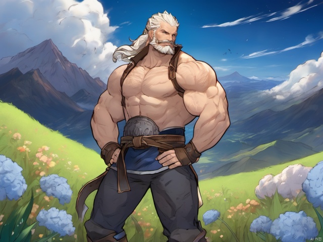 detailed background, muscular male,  bara,  facial_hair, (full_body:1.4),soriz, huggymale, stand on a grasspand, clouds, trees, flowers, mountains, (blue lighting arounds:1.4), wind, dark sky, 