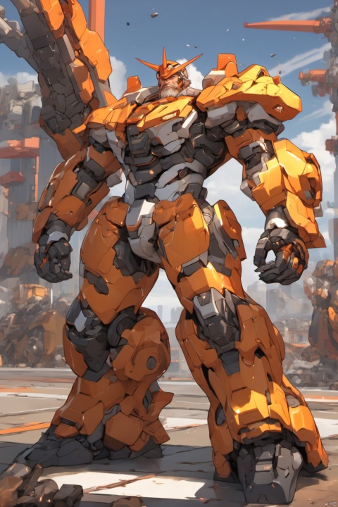 Best quality, masterpiece, ultra high res, detailed background, game_cg, mature male, muscular male, bara, thick thighs, thick arms, full body, full shot, beard, (solo:1.3), looking at viewer, (pure simple background:1.3), (dynamic pose:1.3), machinery, Mecha, HUBG_Mecha_Armor