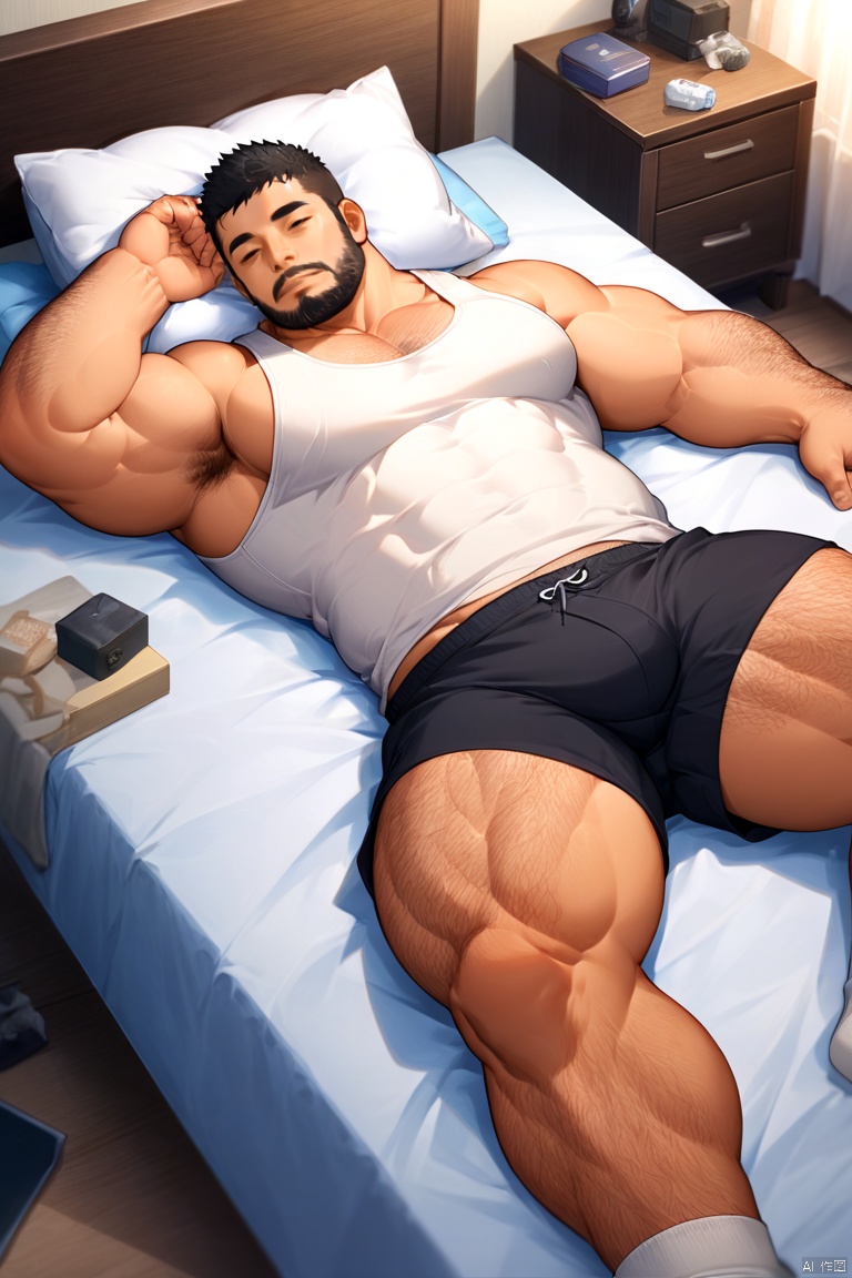 best quality,masterpiece,ultra high res,male focus,pants,boy black short hair,(Plump man:0.5), detailed background,game_cg,bara stocky,male fucus,mature male,thick thighs,muscular male,(fade haircut), 1boy,male focus,solo,bara,muscular male,muscular,pectorals,on back,facial hair,**** top,shorts,lying,large pectorals,short hair,white **** top,beard,socks,on bed,pillow,bed,black shorts,sleeping,closed eyes,arm hair,hairy,stubble,underwear,male underwear,short shorts,