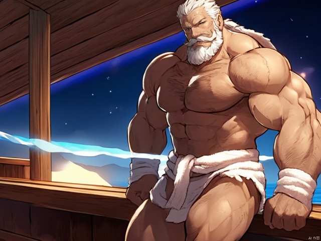 detailed background, muscular male,male focus,  bara,  facial_hair, soriz, huggymale,  (blue lighting arounds:1.4), wind, (dark sky:1.3), sauna, naked_towel, completely_nude, full_body,closed_eyes