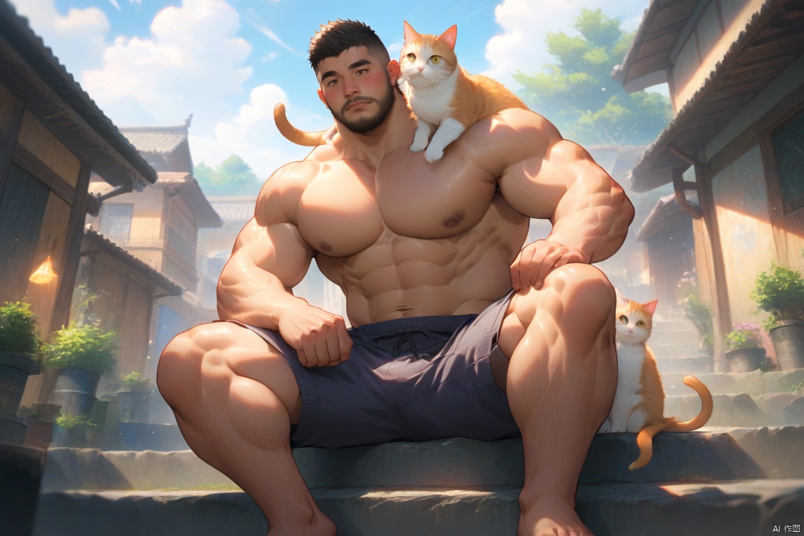 male focus, muscular male, beard, facial_hair,short_hairbara, topless, a cat sitting on shoulder, spred legs, shorts, white socks, best quality,4k,amazing quality, best aesthetic, absurdres,