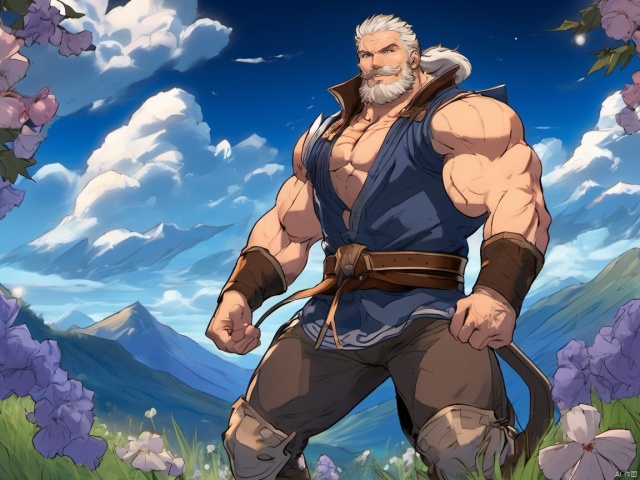 detailed background, muscular male,male focus,  bara,  facial_hair, soriz, huggymale, on a grasspand, clouds, trees, flowers, mountains, (blue lighting arounds:1.4), wind, (dark sky:1.3), 