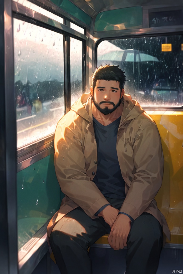 A handsome and captivating man sits in the corner of the last bus, leaning his head against the window silently shedding tears. It's raining outside the bus,homo, beard, facial_hair,looking_at_viewer