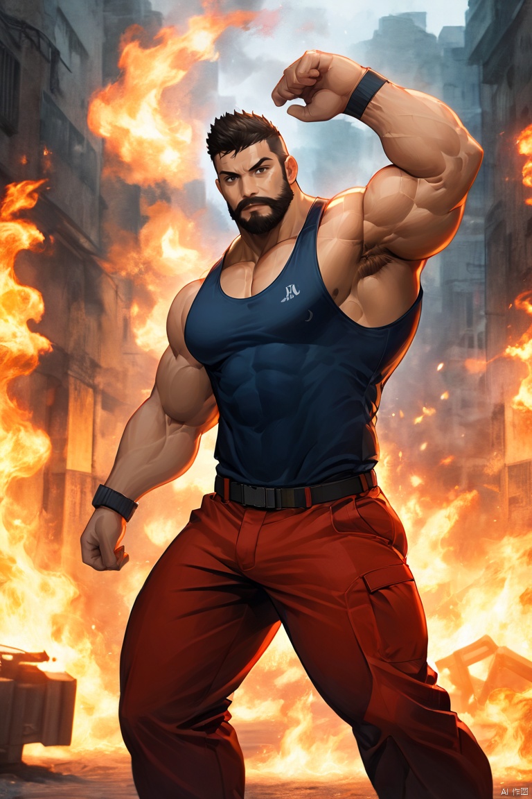 beard, muscular_male, dynamic pose, best quality, amazing quality, very aesthetic, absurdres,1man,solo,muscular male,looking at viewer, standing,**** top, Muscular Male,  Movie style background,  km, muscular, firemenoutfit