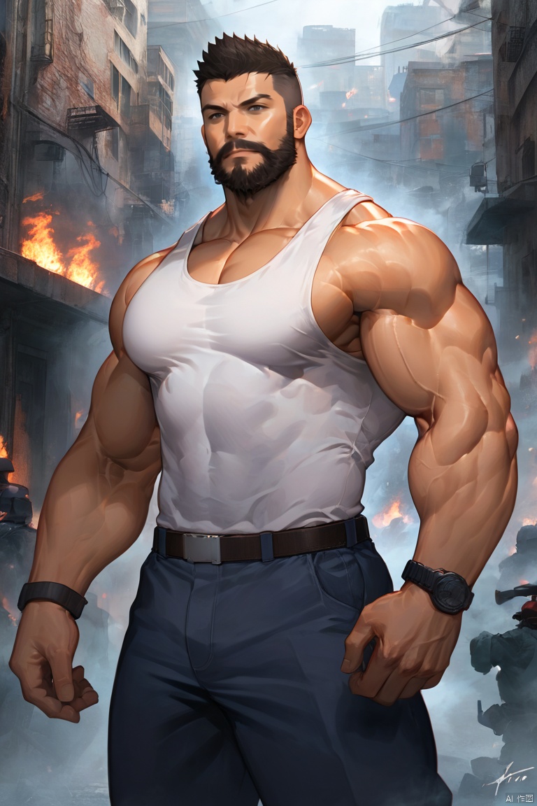 beard, muscular_male, dyanamic pose, best quality, amazing quality, very aesthetic, absurdres,1man,solo,muscular male,looking at viewer, standing,**** top, Muscular Male,  Movie style background,  km, muscular, firemenoutfit