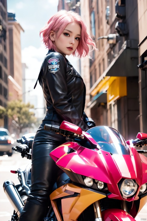  Pink split short hair, pink eyes, royal sister, sassy, sci-fi style, motorcycle, Harley,