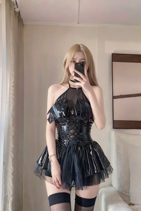  1gilr,(masterpiece:1.3),(best quality:1.3),(photorealistic:1.4),realistic,4k,(((blonde hair))),(upper body,selfie),nsfw,milf,detail face,detail eyes,indoors,bedroom,big breasts,((black dress,thighhighs)),((short dress)),patent leatherdress