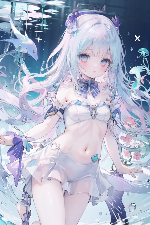 (watercolor:1.2),((masterpiece)),(illustration),(((best quality)))
iridescent,

((beautiful detailed girl)),jellyfish_girl,standing, 
(delicate cute face),lovestruck,(iridescent eyes),

((floating_hair)),iridescent,(jellyfish_hat),bow,bare legs, blush, 

dark_blue dress,bowties,laces,ribbons,pearl,

(in deep_sea),fishes,(jellyfish),beautiful landscape,


