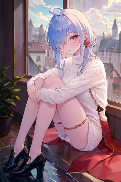 masterpiece, best quality,1girl, solo, ahoge, white sweater, window, sitting, looking at viewer, high heels, red rose, eyes visible through hair, hair over one eye, black footwear, hair between eyes, cloud, knees up, indoors, water drop, building,无