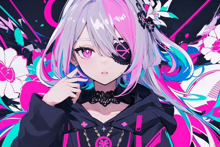 (masterpiece:1.2),best quality,PIXIV,1girl,solo,(facial focus),(flowers,flat color,lineart,abstract,ornate),

looking at viewer, bangs, long sleeves, hair between eyes, jacket, upper body, pink hair, grey hair, parted lips, hand up, hood, pink eyes, eyepatch, colorful, glitch,