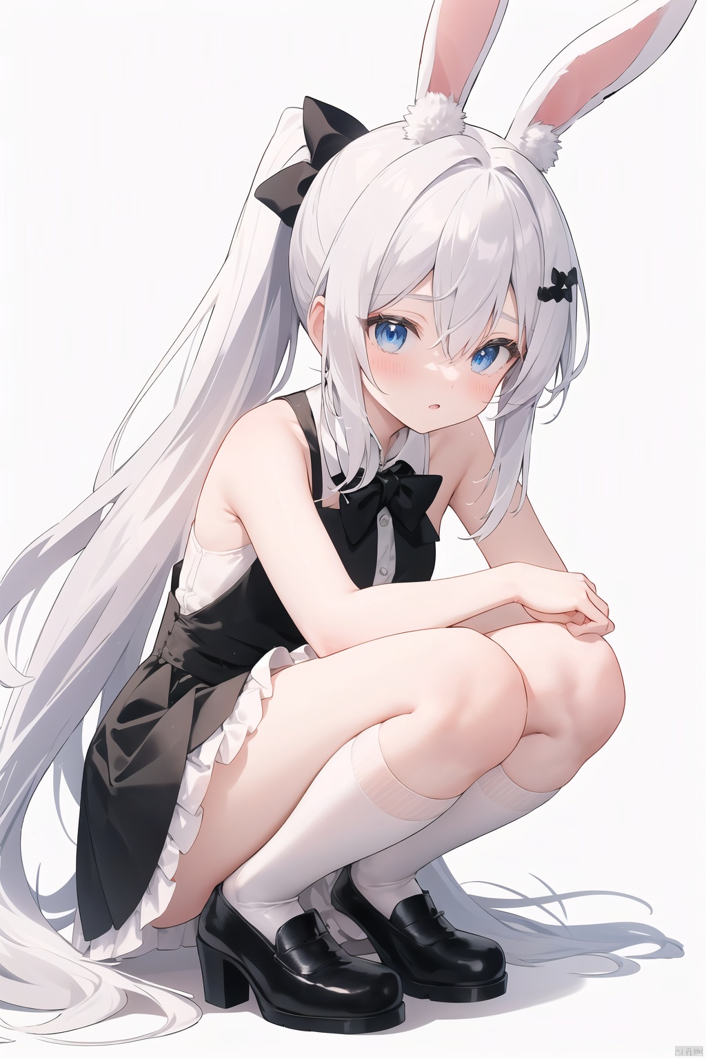 (masterpiece:1.2),best quality,PIXIV,1girl, solo, long hair, looking at viewer, blush, bangs, blue eyes, skirt, hair ornament, dress, bow, animal ears, hair between eyes, bare shoulders, very long hair, tail, full body, ponytail, white hair, frills, parted lips, shoes, sleeveless, socks, bowtie, grey background, black footwear, rabbit ears, black dress, high heels, wrist cuffs, kneehighs, black bow, detached collar, squatting, white skirt, white socks, rabbit tail, rabbit girl,