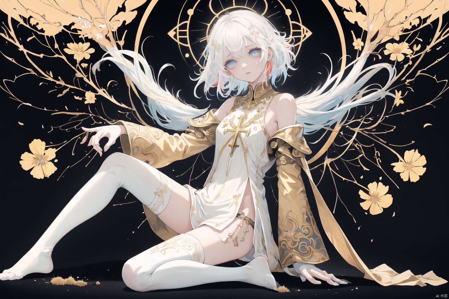  (masterpiece:1.2),best quality,PIXIV,1girl,solo,(facial focus),((multicolored hair, messy hair, bangs,sidelocks, payot, hair strand)),(white thighhighs,thighhighs),(slit pupils, glowing eyes, light blue eyes:1.25),(Exhale, long hair, Light golden hair:1.3),(flowers,flat color,lineart,abstract,ornate),light golden theme,(looking at viewer, paw pose, parted lips)

Church, light, dirty clothes, dirty thighhighs, dirt, dust, lots of it, dirt, sprouts, barren, sparse grass,
praying, cross, holding the cross, kneeling, looking up at the sky, Tears, Tears, Tears, Tears, sorrow,



