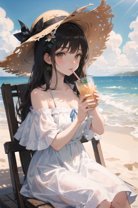  hat, 1girl, straw_hat, dress, hat_flower, white_dress, sitting, cup, solo, long_hair, flower, ribbon, looking_at_viewer, bare_shoulders, off_shoulder, outdoors, holding, disposable_cup, day, blue_ribbon, drinking_straw, brown_headwear, sun_hat, beach