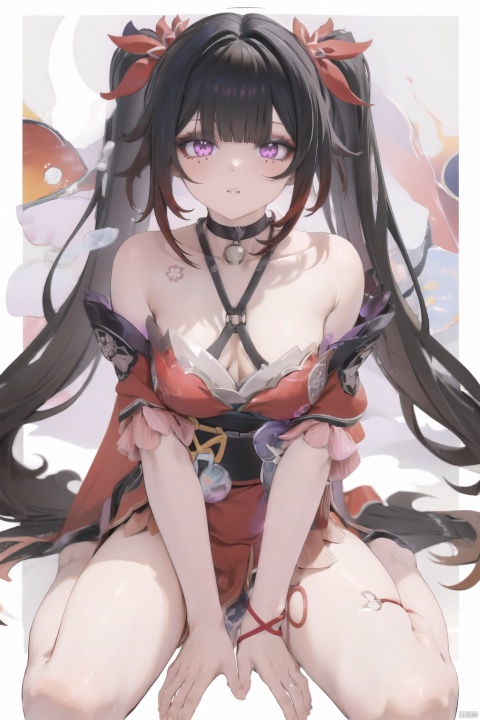  (masterpiece:1.2),best quality,PIXIV,1girl,solo,(facial focus),((multicolored hair, messy hair, bangs,sidelocks, payot, hair strand)),1girl, solo, long hair, breasts, looking at viewer, bangs, black hair, dress, ribbon, cleavage, bare shoulders, twintails, jewelry, sitting, very long hair, purple eyes, collarbone, hair ribbon, thighs, red hair, multicolored hair, small breasts, parted lips, barefoot, choker, pink eyes, kimono, off shoulder, mole, feet, red ribbon, sash, bare legs, thigh strap, toes, black choker, wariza, facial mark, obi, red dress, between legs, o-ring, hand between legs, red kimono