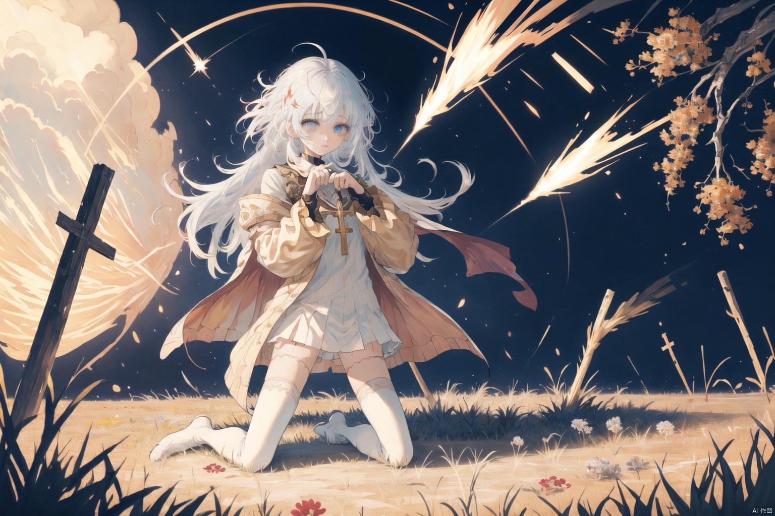  (masterpiece:1.2),best quality,PIXIV,1girl,solo,(facial focus),((multicolored hair, messy hair, bangs,sidelocks, payot, hair strand)),(white thighhighs,thighhighs),(slit pupils, glowing eyes, light blue eyes:1.25),(Exhale, long hair, Light golden hair:1.3),(flowers,flat color,lineart,abstract,ornate),light golden theme,(looking at viewer, paw pose, parted lips)

Church, light, dirty clothes, dirty thighhighs, dirt, dust, lots of it, dirt, sprouts, barren, sparse grass,
praying, cross, holding the cross, kneeling, looking up at the sky, Tears, Tears, Tears, Tears, sorrow,


