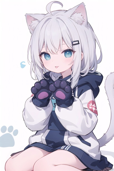  1girl, solo, long hair, looking at viewer, blush, smile, bangs, blue eyes, simple background, hair ornament, gloves, long sleeves, white background, animal ears, hair between eyes, sitting, very long hair, tail, ahoge, grey hair, tongue, hairclip, cat ears, signature, hood, tongue out, cat tail, animal ear fluff, hands up, hoodie, feet out of frame, hood down, cat girl, knees up, :p, animal hands, paw gloves