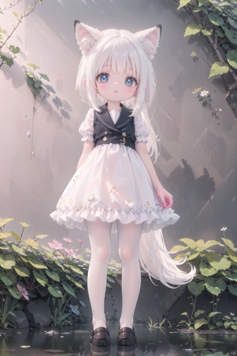  (kawaii background:1.3), (extremely detailed fine touch:1.3), (hard light, studio light, light rays, dappled light, reflection, shadows, ray tracing:1.0), ///, catgirl, long hair, white hair, Princess, full body, sky, cloud, flower, glass shoes,(white fox tail),white pantyhose,loli
, ears down,hands behind back, loli