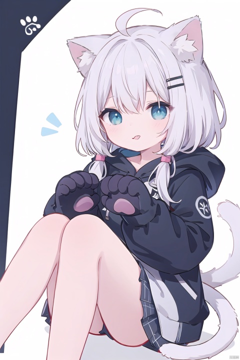  1girl, solo, long hair, looking at viewer, blush, smile, bangs, blue eyes, simple background, hair ornament, gloves, long sleeves, white background, animal ears, hair between eyes, sitting, very long hair, tail, ahoge, grey hair, tongue, hairclip, cat ears, signature, hood, tongue out, cat tail, animal ear fluff, hands up, hoodie, feet out of frame, hood down, cat girl, knees up, :p, animal hands, paw gloves