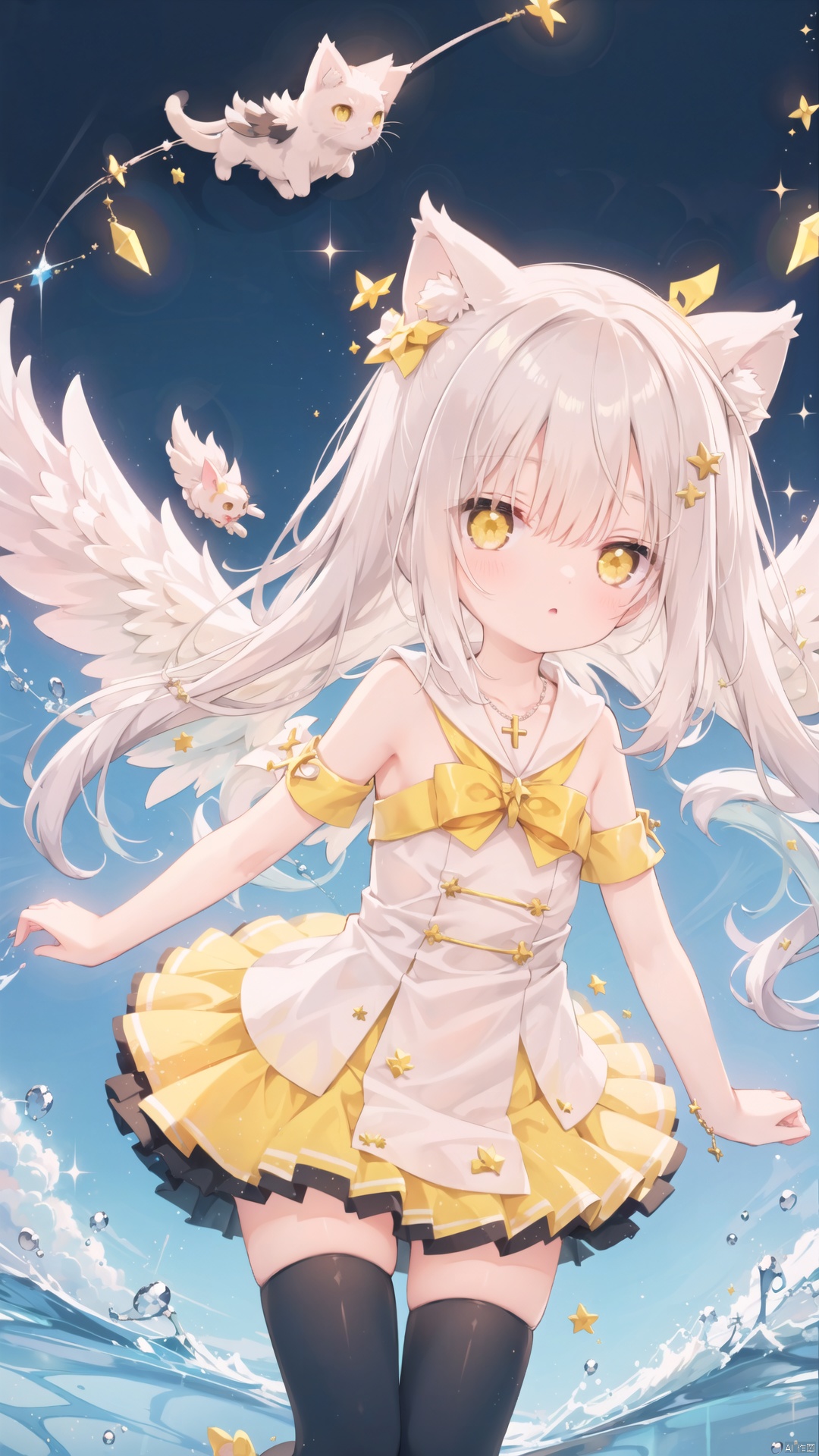  hoshi (snacherubi), white hair, yellow eyes, looking up, stockings, long hair, hime cut, messy hair, floating hair, demon wings, halo, cross necklace, holy, divinity, shine, holy light, cat girl, (loli), (petite), solo
, loli