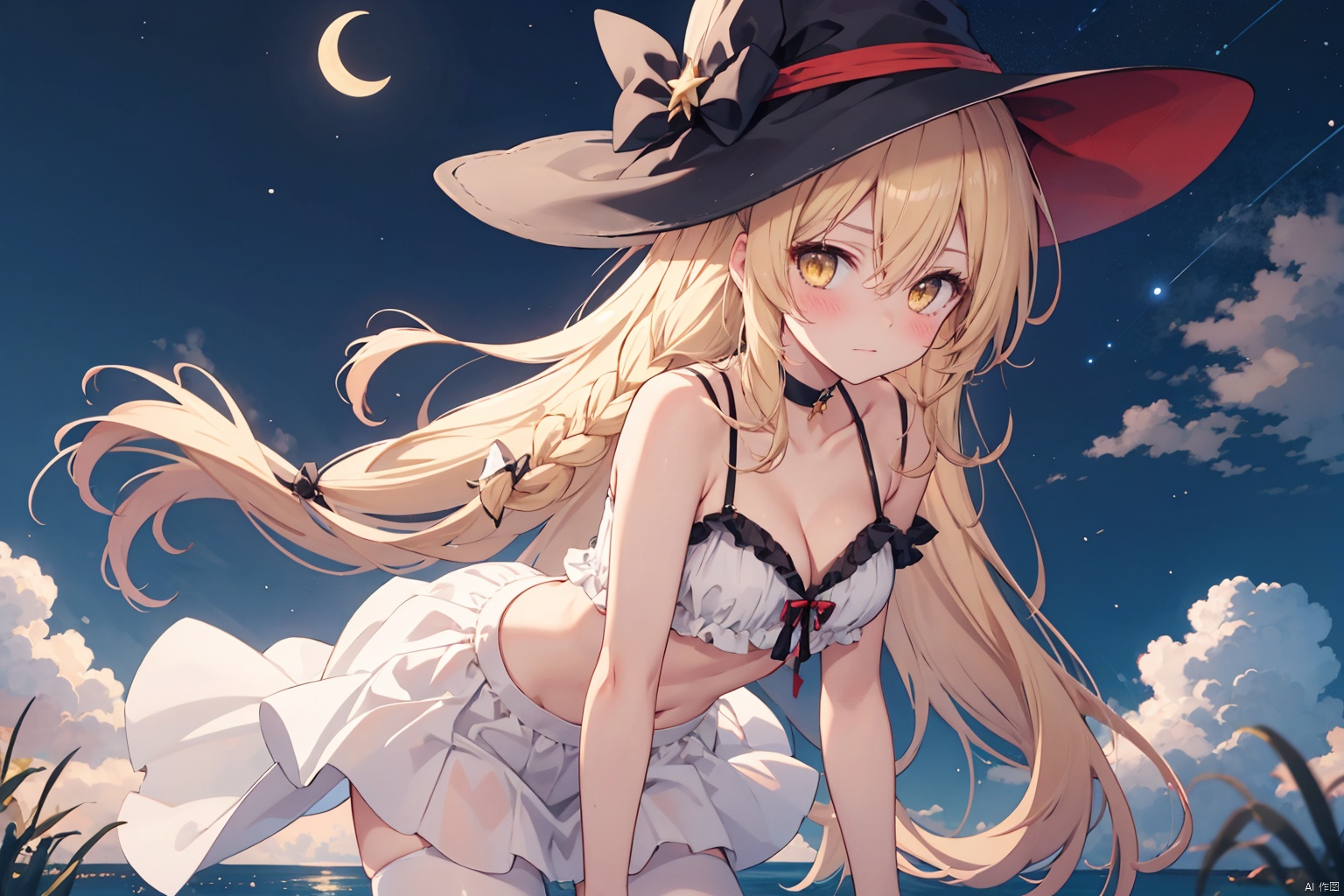  1girl, breasts, long hair, solo, blonde hair, hat, looking at viewer, yellow eyes, navel, cleavage, bare shoulders, witch hat, stomach, night, thighs, sky, frills, crescent moon, night sky, revealing clothes, no panties, medium breasts, arm garter, black headwear, closed mouth, moon, collarbone, spaghetti strap, star blush, outdoors, starry sky, groin, very long hair, hat bow, sidelocks, skirt, choker, bow, braid, white dress, cloud, hair between eyes, white skirt, bent over, bangs, sleeveless, floating hair, midriff, halterneck, cowboy shot, masterpiece, best quality, white pantyhose