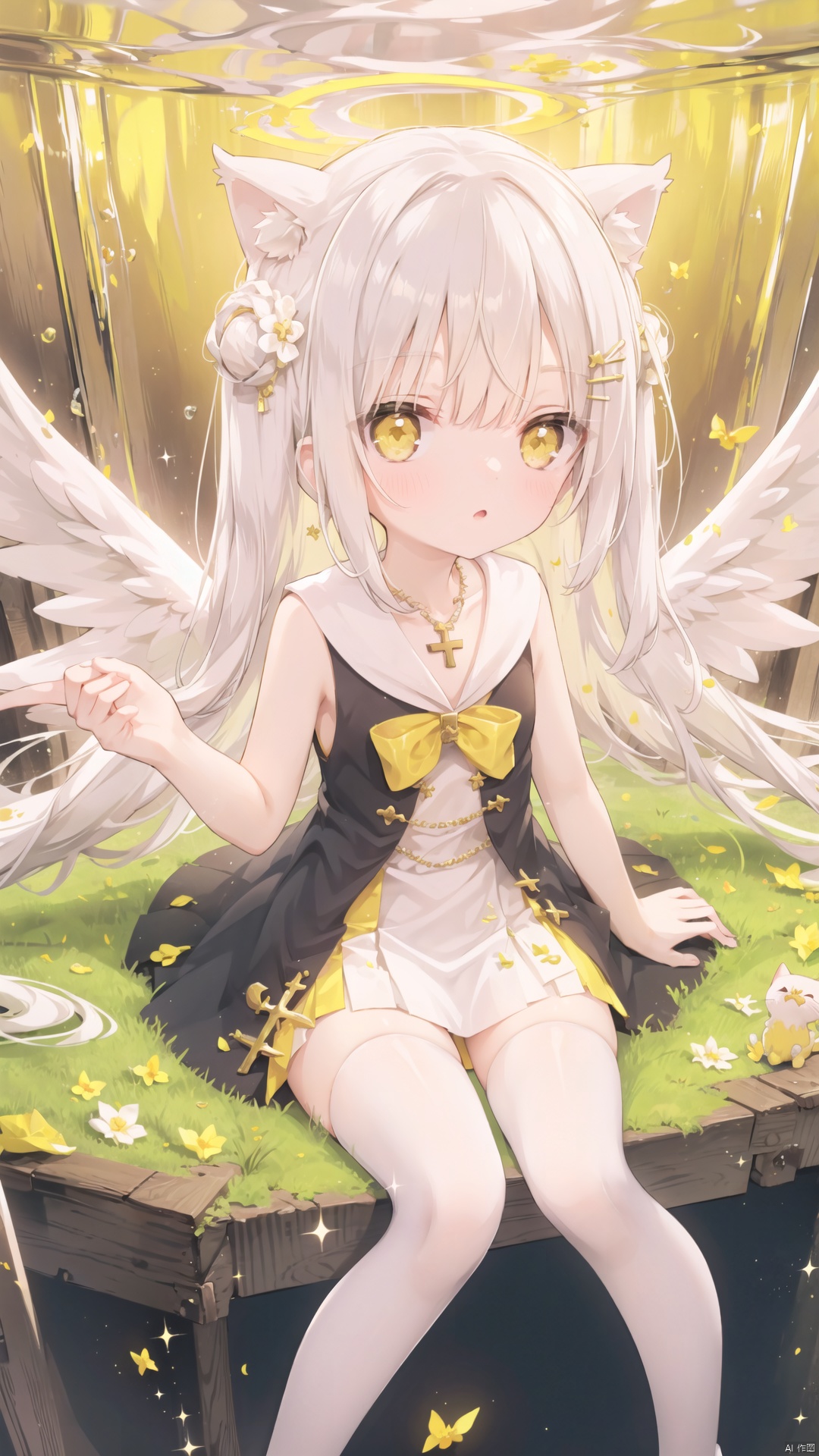  hoshi (snacherubi), white hair, yellow eyes, looking up, stockings, long hair, hime cut, messy hair, floating hair, demon wings, halo, cross necklace, holy, divinity, shine, holy light, cat girl, (loli), (petite), solo
, loli