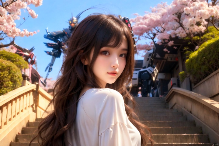  masterpiece, best quality, 1girl, details eyes, Beautiful face, delicate eyes, smile, long hair,  hair, tree, stairs, standing, sky, cherry blossoms, temple, looking at viewer, upper body, from below, looking back, ((Mecha)), young girl, Cyberpunk, CyberMechaGirl